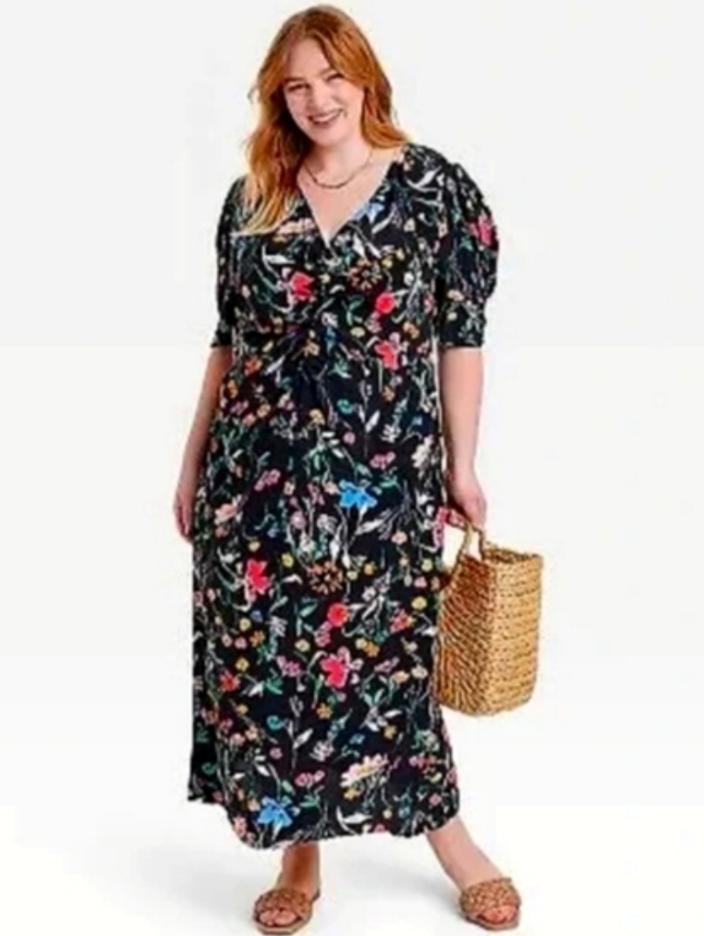 A New Day Womens Plus Size Black Puff Sleeve Floral Ruched Midi Dress. Sz 2X - Picture 2 of 10
